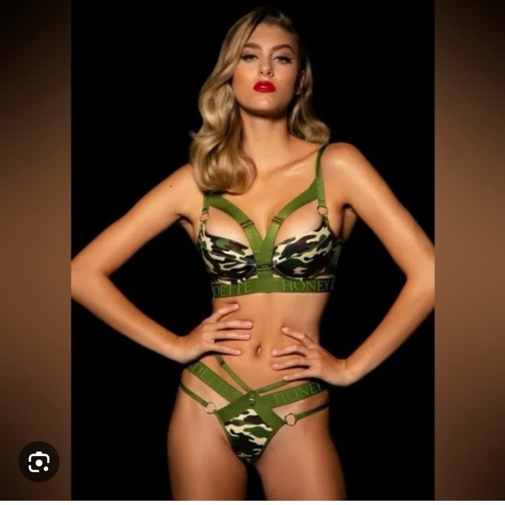 Honey Birdette Green Camouflage Bra Set